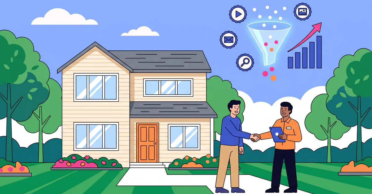Homeowner shaking hands with a home improvement consultant while ad leads narrow through a funnel into sales
