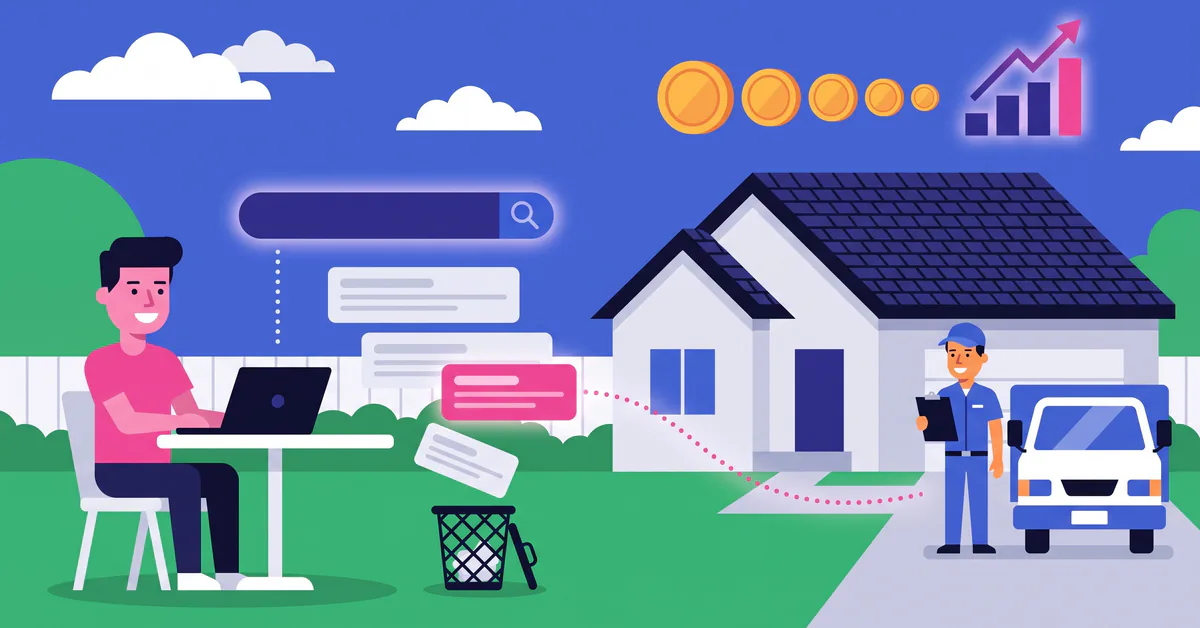 Homeowner searching online while unwanted search results drop into a wastebasket and the right result leads to a roofing contractor