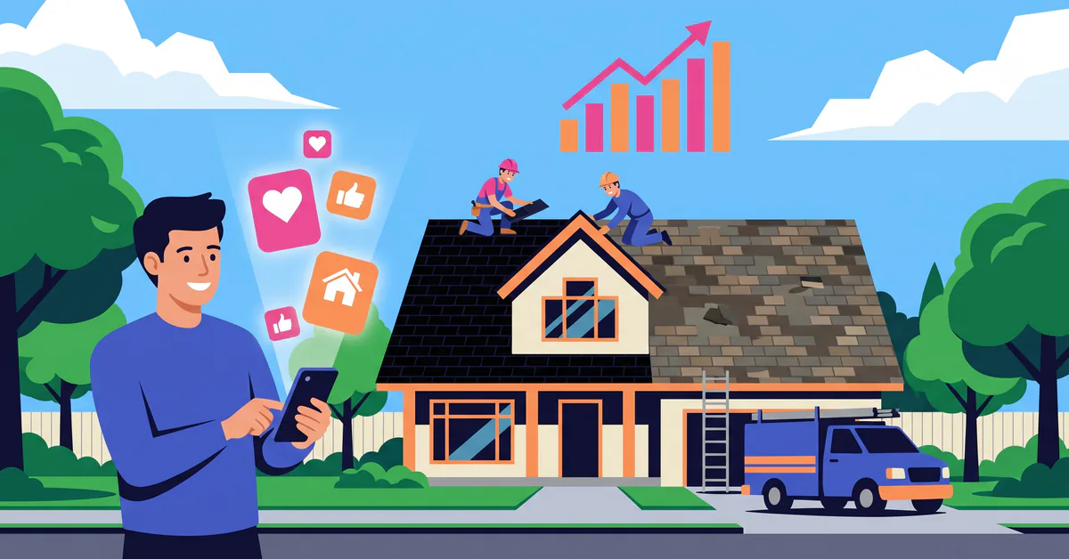 Roofing crew replacing worn shingles while a homeowner looks at social media ads on a phone