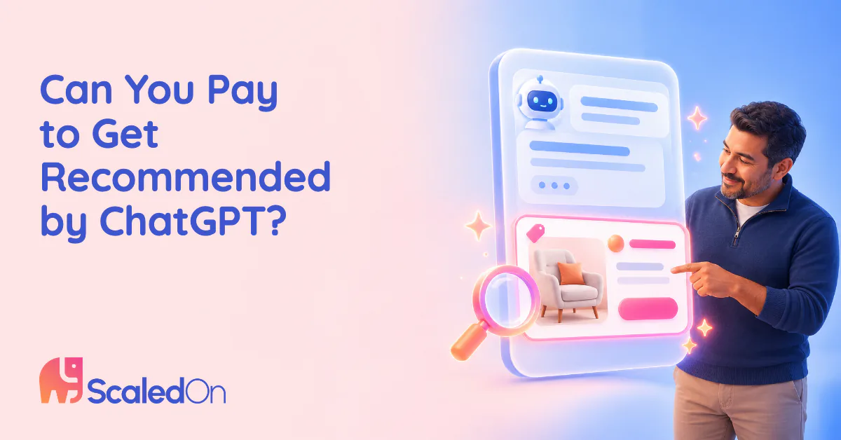 Can you pay to get recommended by ChatGPT, illustrated by a furniture store owner pointing at a sponsored armchair ad card below an AI chat answer, with a magnifying glass over the ad
