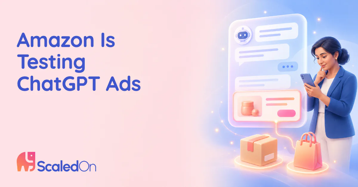 Amazon is testing ChatGPT ads, illustrated by a brand owner checking her phone beside a chat window with a sponsored product card at the bottom of the answer
