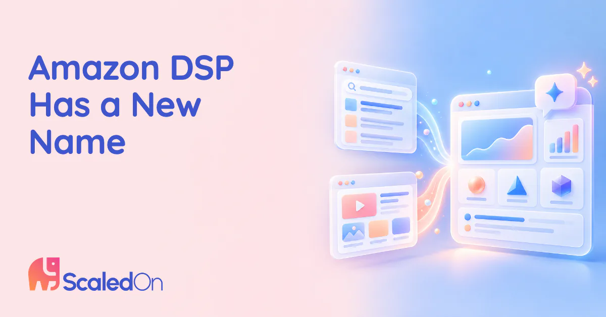 Amazon DSP has a new name, illustrated by two separate ad dashboards merging into one unified dashboard with an AI chat bubble