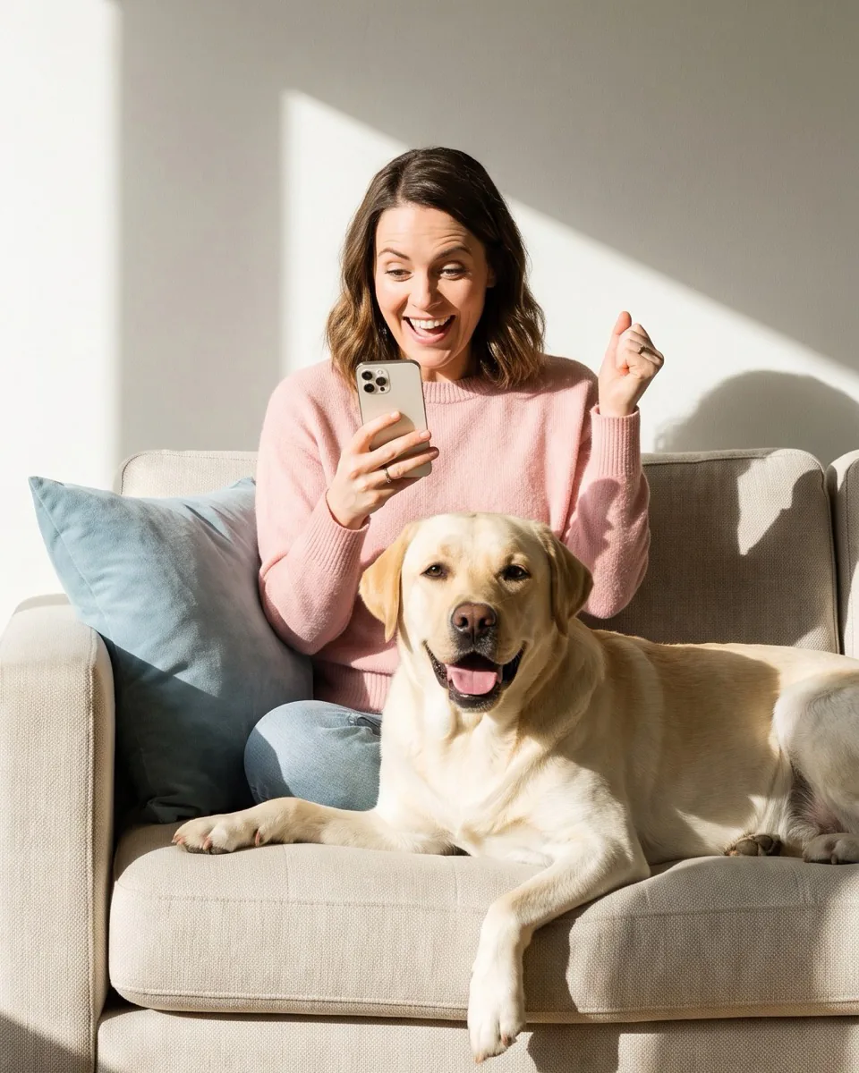 Excited shopper on her sofa with her Labrador, finding the right dog bed on her phone