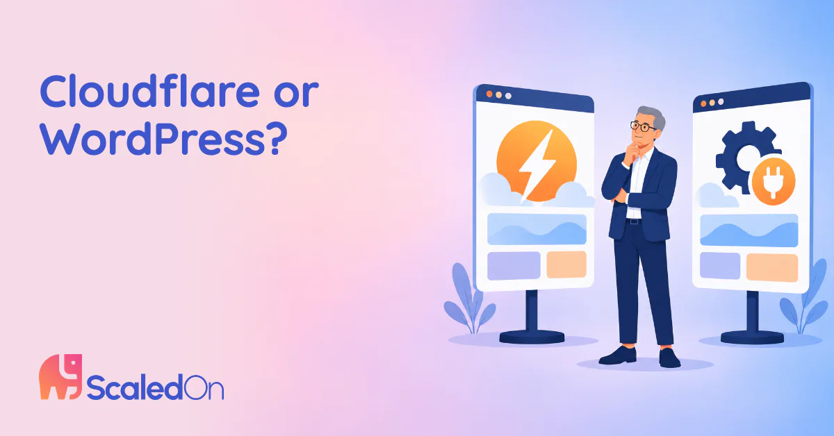 A business owner comparing two website options on stands, one marked for speed and one for plugins and settings