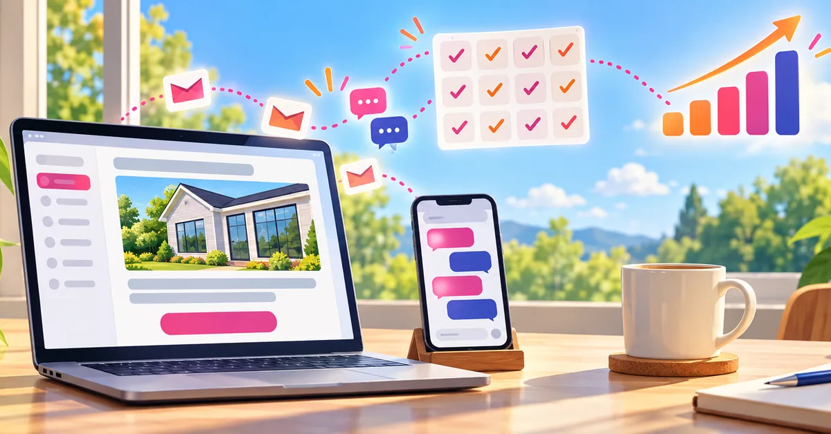 Illustration of email and text campaigns supporting a home improvement company, with a house, laptop, phone, and rising results chart.