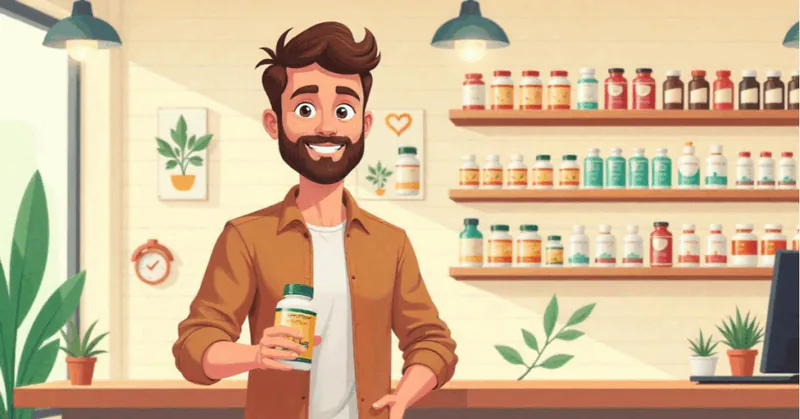 Illustration of a health supplement shop owner holding a bottle in front of shelves of supplements
