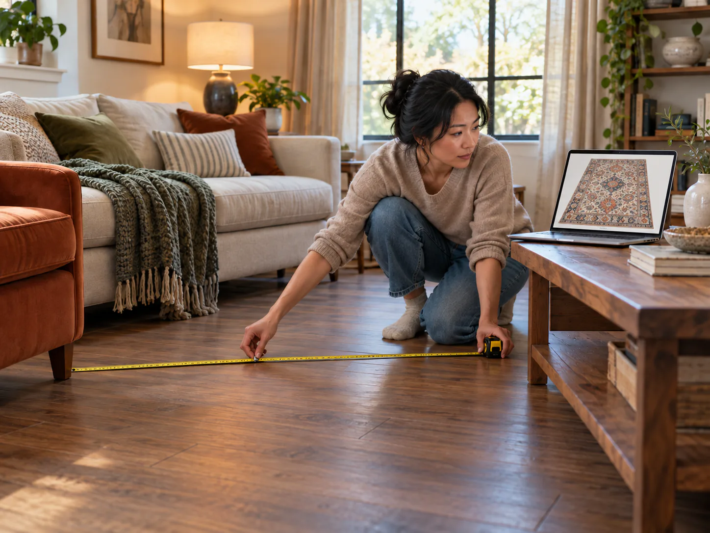A woman kneels on her living room floor measuring the space with a tape measure while a rug she is shopping for shows on her laptop