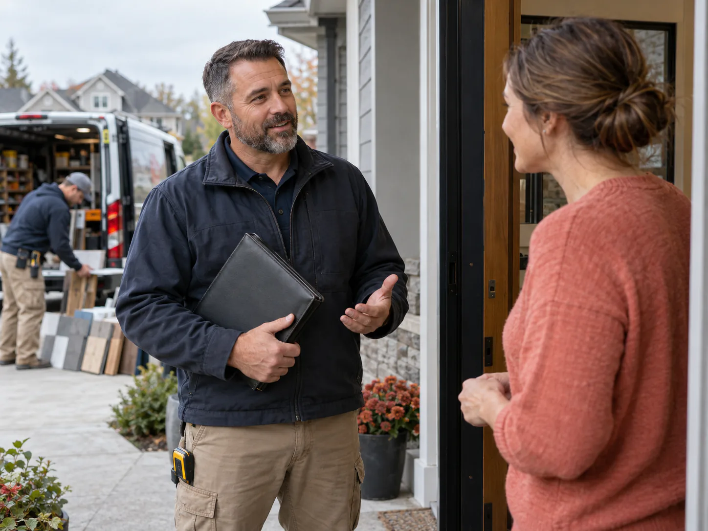 A contractor talks through an estimate with a homeowner at the front door while a crew member loads materials from a service van