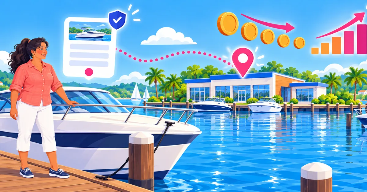 Illustration of a boat buyer beside a marina, with a lead form, dealer location pin, and campaign results chart.