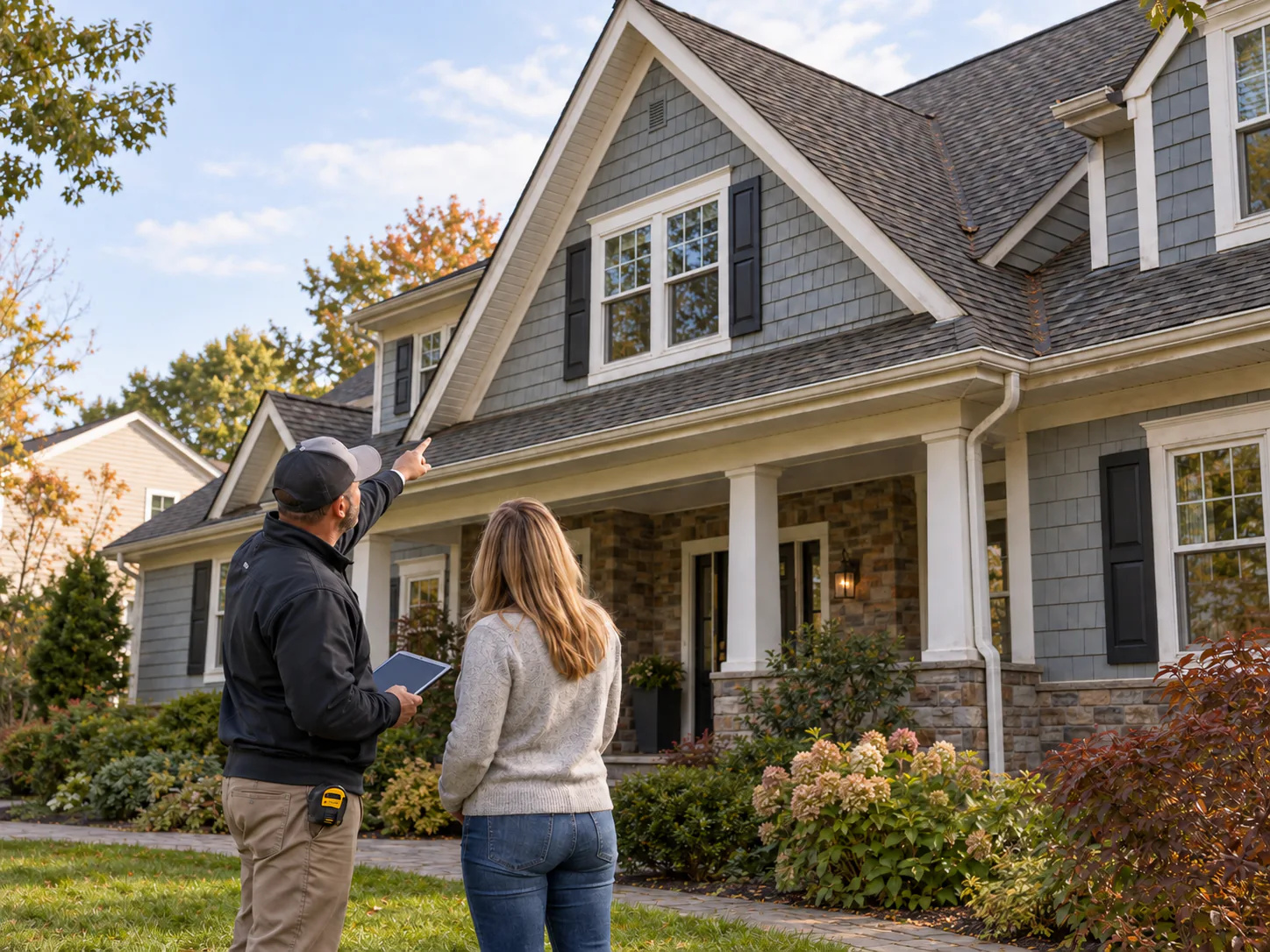 A roofer points out a section of the roof while the homeowner looks on beside the house