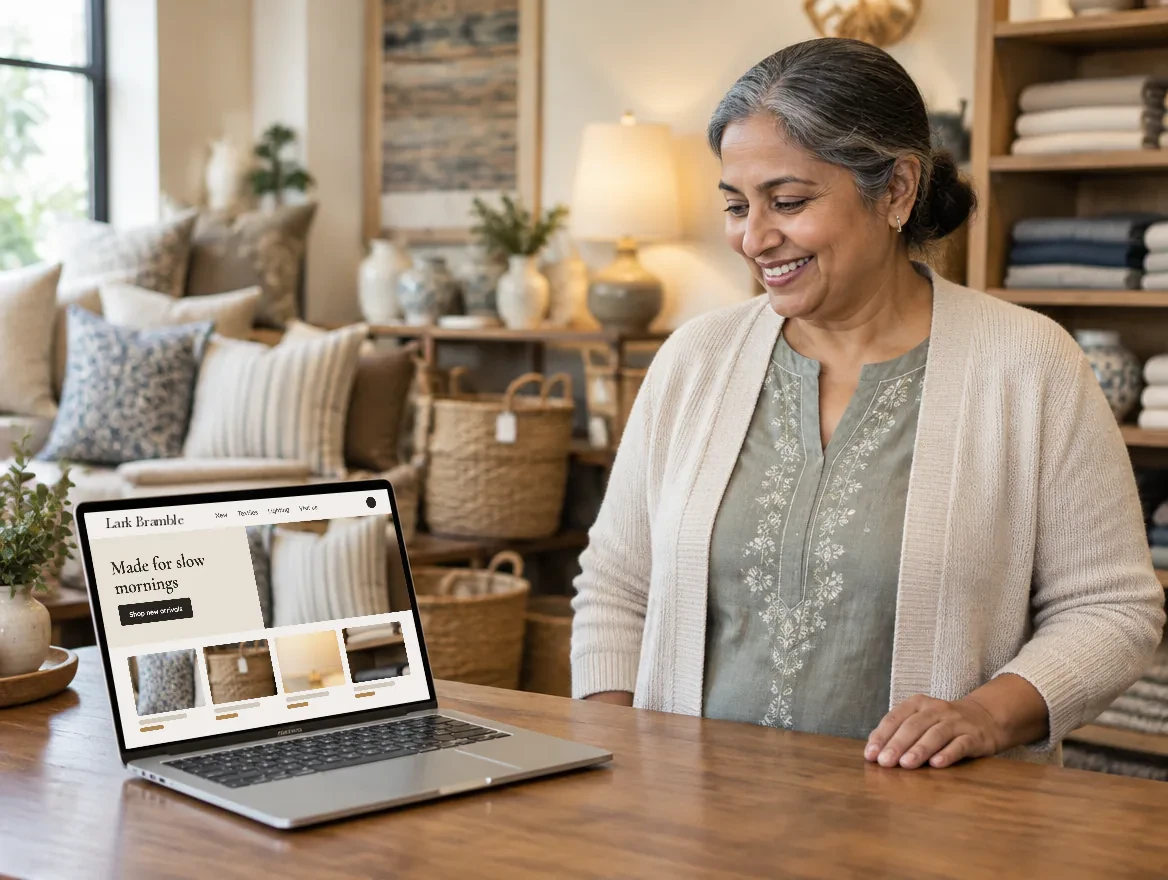 Website design for a home furnishings store: the owner smiles at her shop counter beside a laptop showing her new store website, with her own product photos on the page