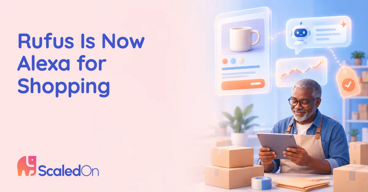 Rufus is now Alexa for Shopping, illustrated by an online seller at a packing table reading a tablet, with a product card, an AI assistant chat bubble and a price history chart above him