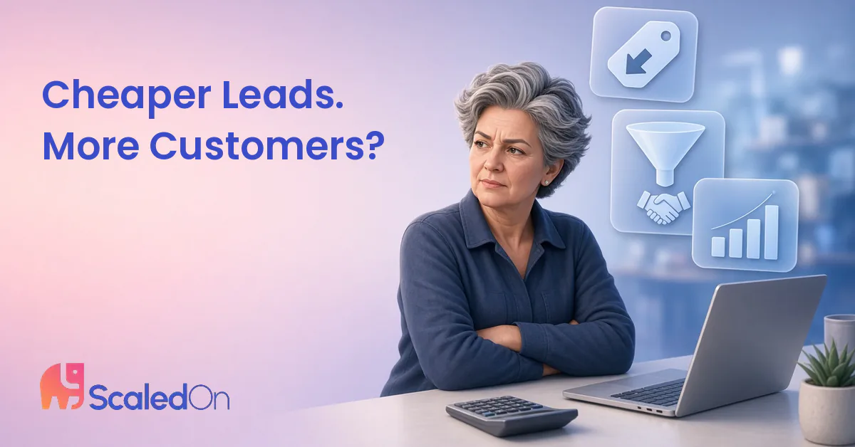 What is a good cost per lead, illustrated by a skeptical business owner with arms crossed beside a calculator, a price tag with a falling arrow, a funnel leading to a handshake and a bar chart