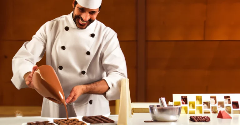A chocolatier pours melted chocolate at a kitchen counter lined with finished chocolates