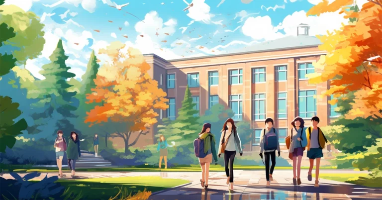 Illustration of students walking across a college campus in autumn