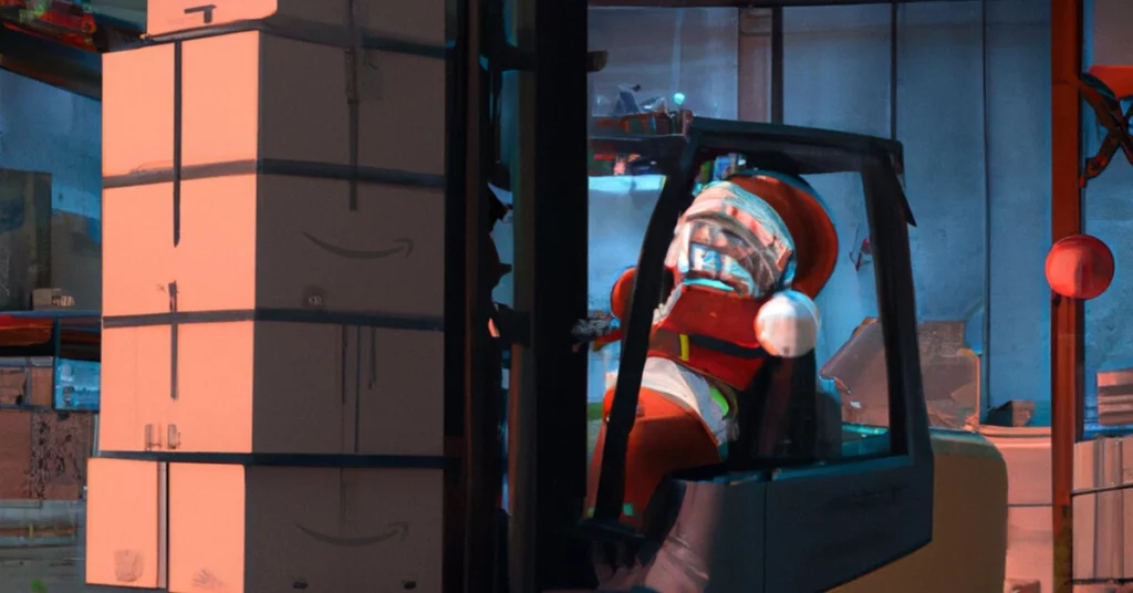 santa claus in forklift truck loading a -boxes in truck