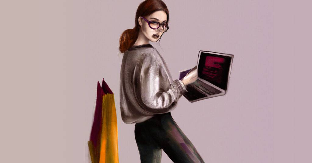 woman using a laptop with shopping bag