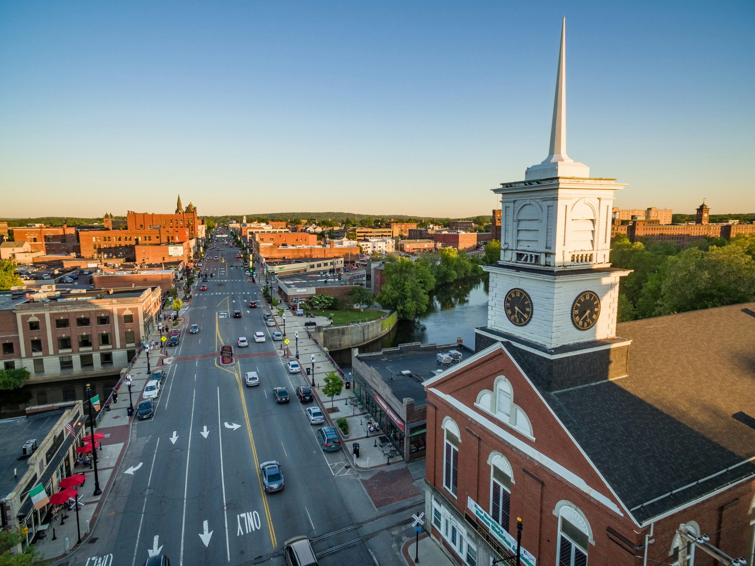 nashua nh downtown aerial view with clock tower and main street