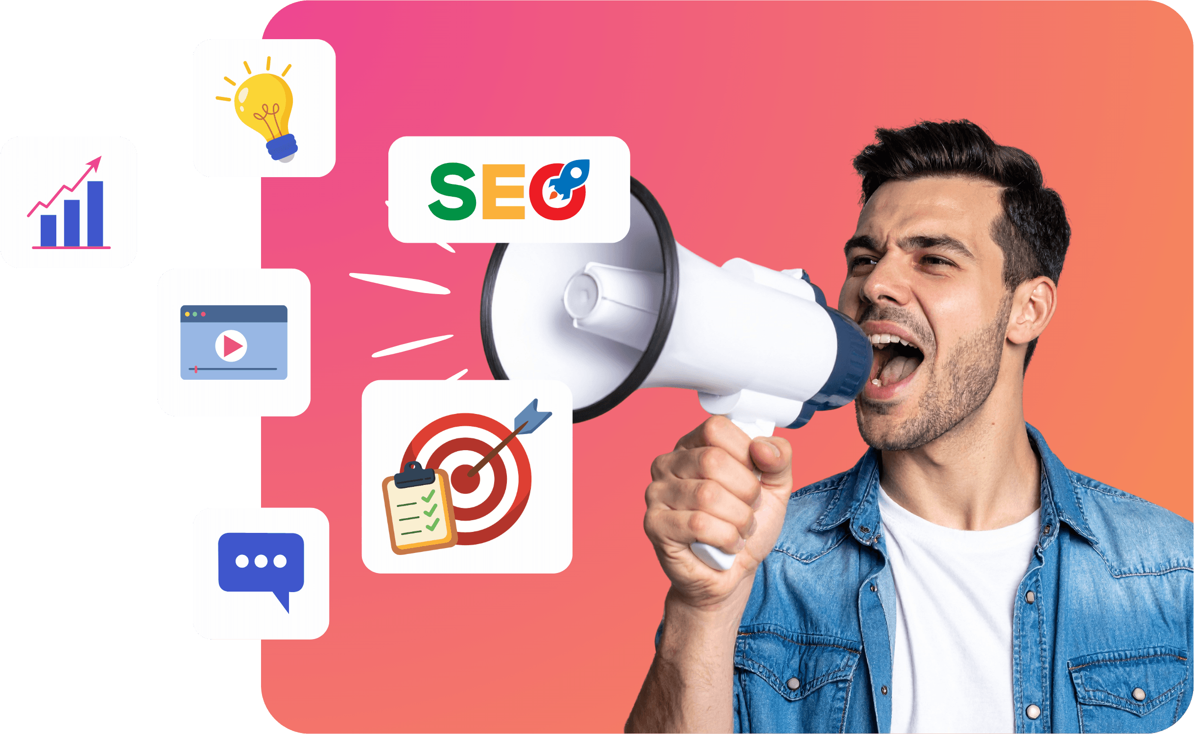 Opportunity Review 2 a man shouting into a megaphone with digital marketing icons floating nearby including seo, a target, video, a chat bubble, a lightbulb, and a growth chart